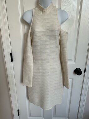 4SI3NNA Cream Cold-Shoulder Ribbed Mock Neck Dress